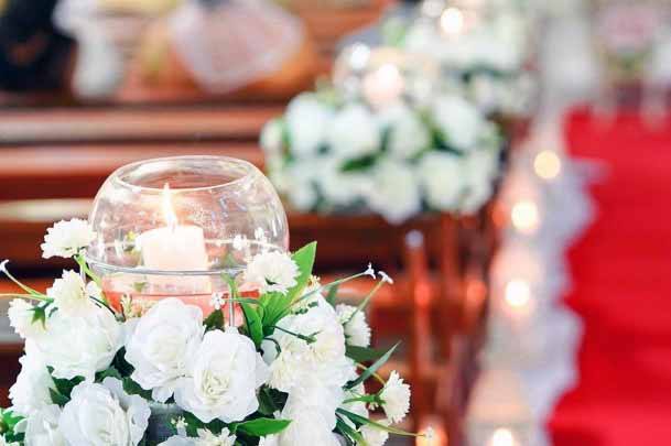 White Roses And Candles Church Wedding Decorations