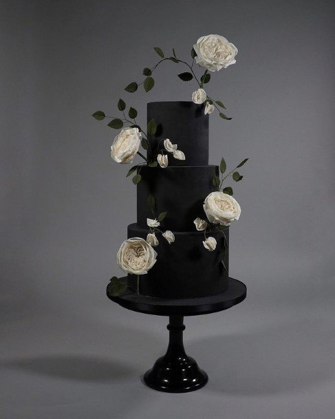 White Roses On Black Wedding Cake