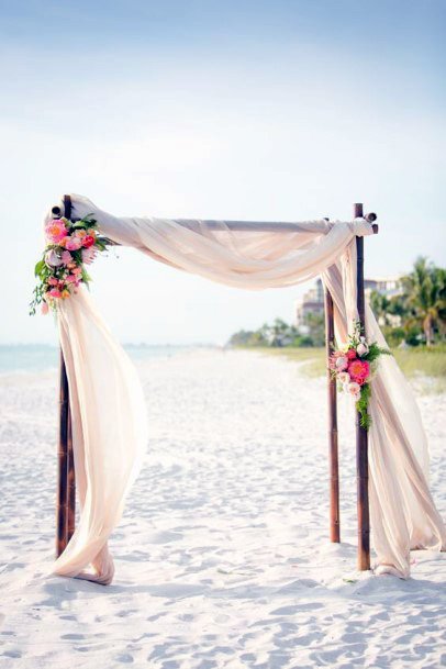 White Sand Ceremony With Flowing Drape Arch Beach Wedding Ideas