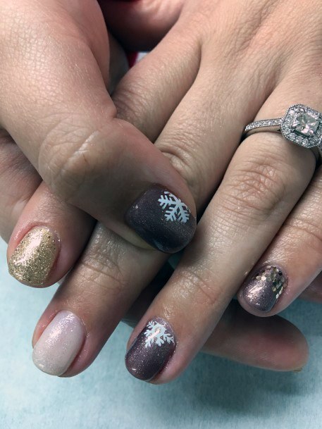 White Snow Flake Art On Brown Nails Women