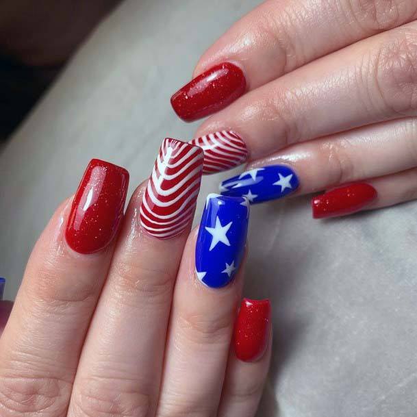 White Spirals On Red Blue Painted 4th Of July Nails