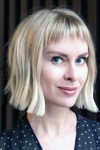 White Square Faced Woman With Blunt Blonde Bangs In A Bob Hairstyle Ideas