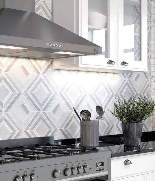 White Textured Diamond Tile Kitchen Backsplash Ideas