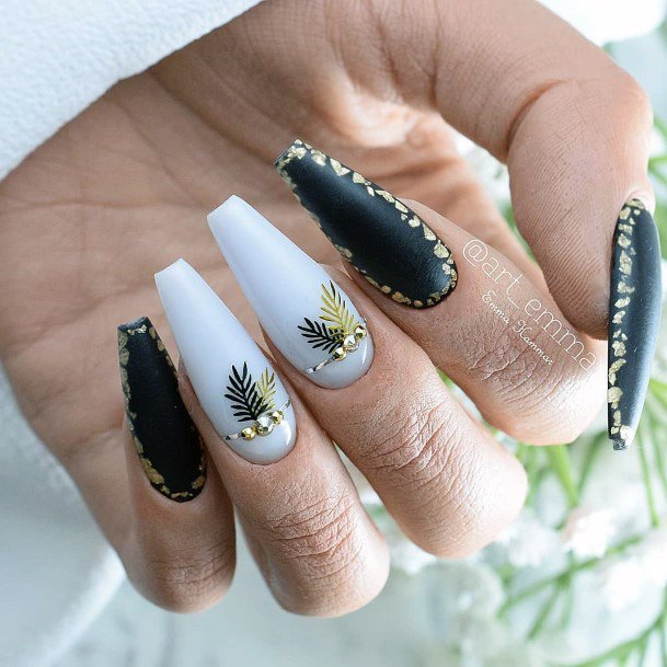 White Tiled Black Gold Nails