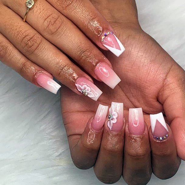 White Tipped Pink 3d Flower Nails Women