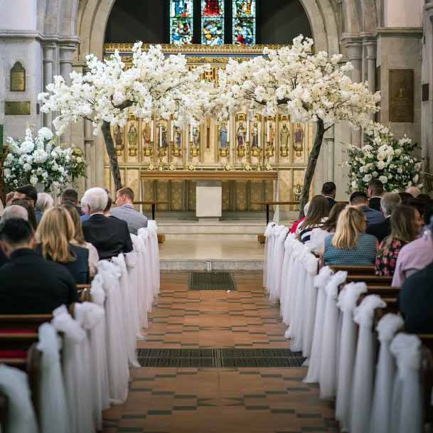 White Trees Inside Church Decor Wedding