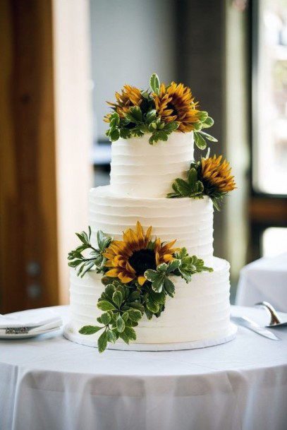 White Wedding Cake For Women With Sunflowers