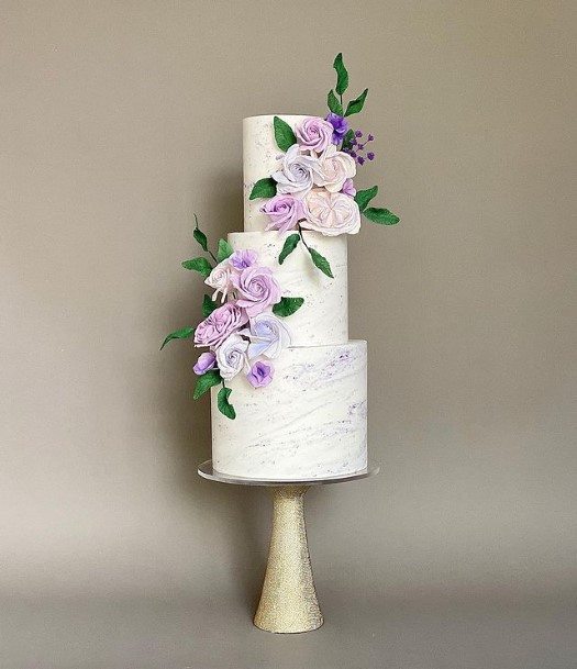 White Wedding Cake With Purple Flowers