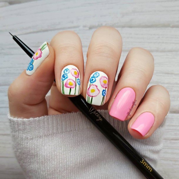 White With Flowers Girls Nail Ideas