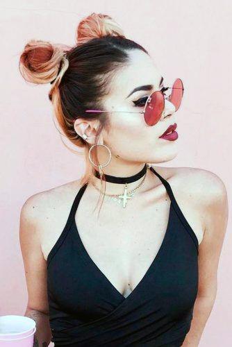 White Woman With Cute Double Top Knot Pink Black Hairstyle