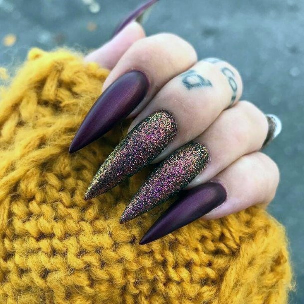 Wicked Long Stiletto Matte Maroon And Awesome Gold Nail Inspiration For Women