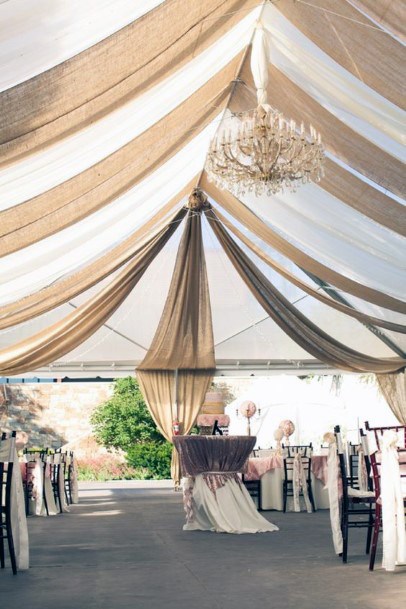 Wide Burlap And White Tent Decor Wedding