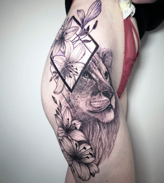 Wild Beast And Geometric Frame Tattoo Womens Upper Thighs