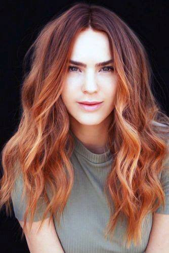 Wild Copper Highlighted Wavy Center Part Hairstyle For Women