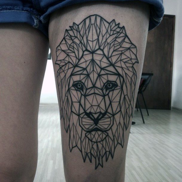 Wild Lion Tattoo With Rhombus Art Womens Legs