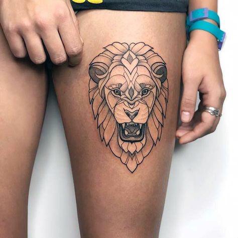 Wild Lion Tattoo Womens Thighs