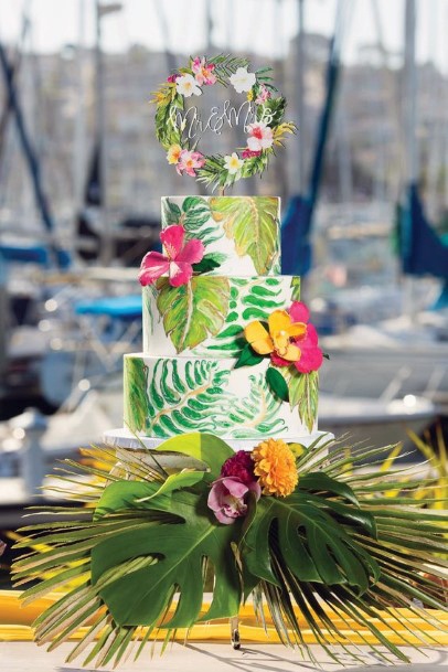 Wild Tropical Design With Palm Leaves And Bright Flowers Wedding Cake Ideas