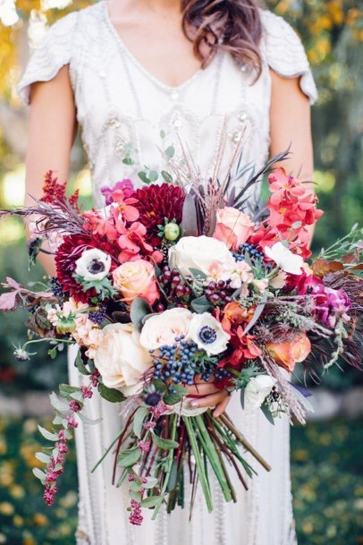 Wildflower Inspired Burgundy White And Orange Bouquet Fall Wedding Ideas