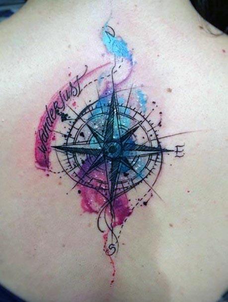 Wine Red And Blue Compass Tattoo Womens Back