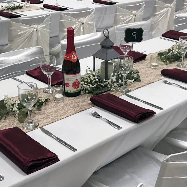 Wine Red Cloth And Burlap Wedding Decor Table