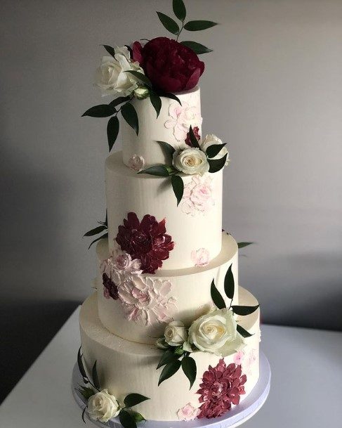 Wine Red Floral And White Roses Beautiful Wedding Cake