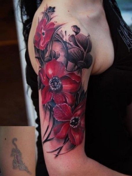Wine Red Floral Tattoo On Arms Women