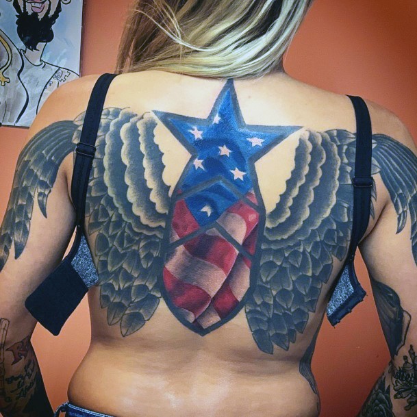 Winged American Flag Tattoo For Women Back Art