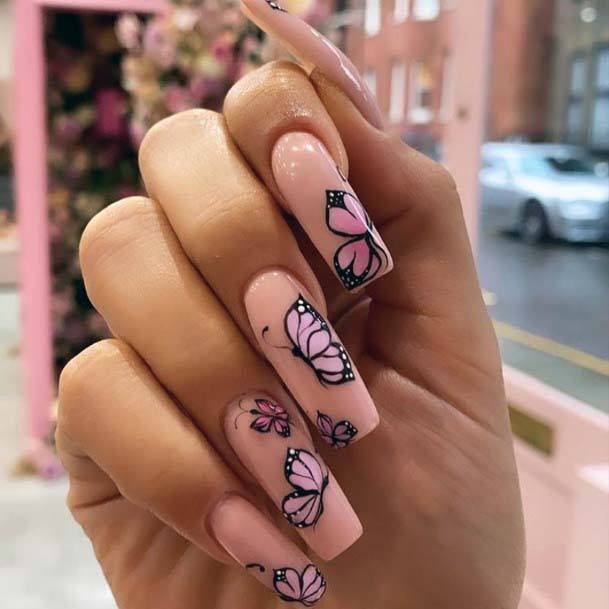 Winged Butterflies On Light Pink Nails