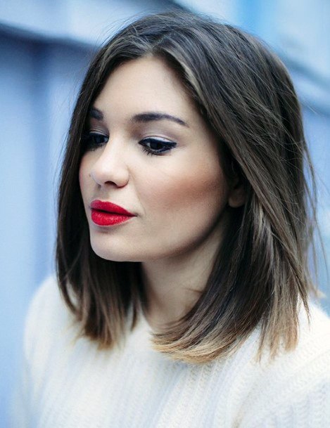 Winter Lady Red Lipstick Tweeze Eyebrows Brown Hair Brunette