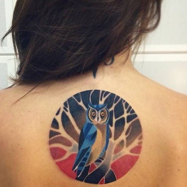 Wise Blue Owl Womens Back Tattoo