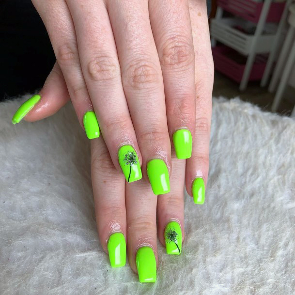 Wishing Flower Painted On Neon Green Nails