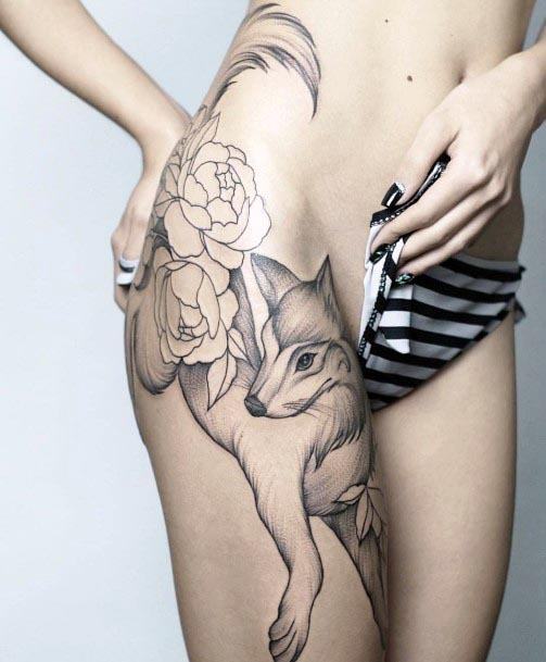 Wolf And Flowers Tattoo Womens Legs