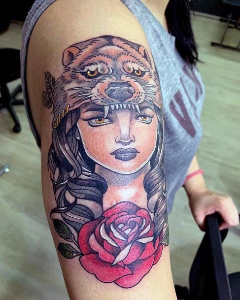 Wolf And Lady With A Rose Tattoo Womens Arms