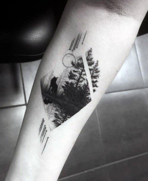 Wolf In Forest Frame Tattoo Womens Forearms