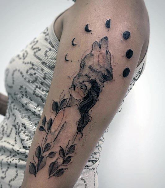 Wolf Lady And Moon Phase Tattoo Womens Arms