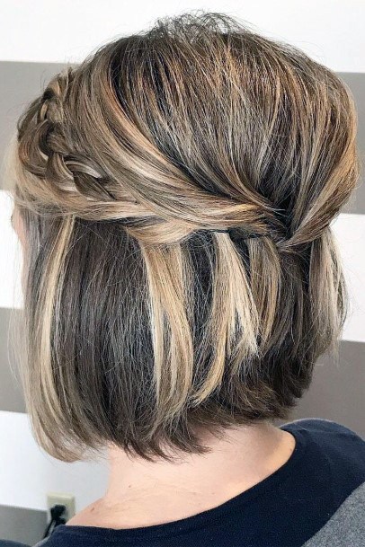 Woman Chin Length With Crown Braid Light Brown And Blonde Highlights