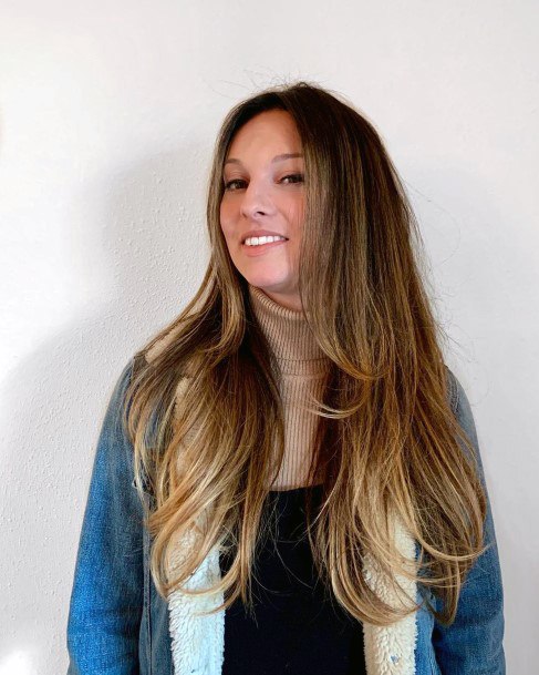 Woman Long Ombre Airy Hair Dark To Sandy Brown And Long Easy Layers