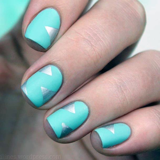 Woman Sexy Turquoise Shiny Silver Triangle Nail Ideas