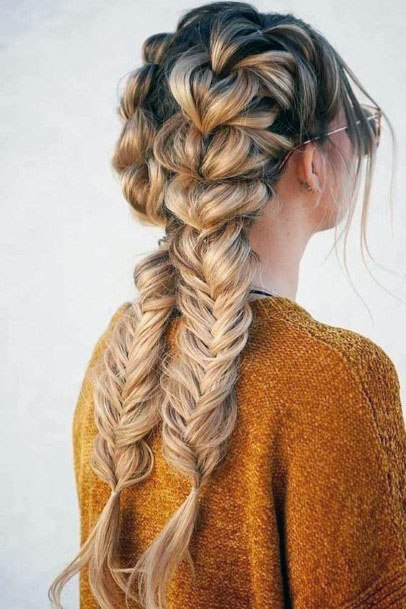 Woman Thick Long Hair Double Braids With Blonde Ombre