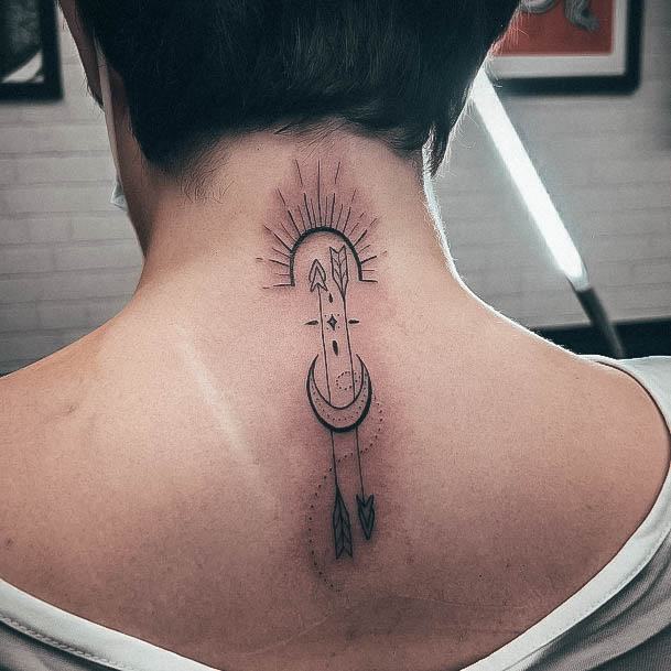 Woman With Fabulous Back Of Neck Tattoo Design