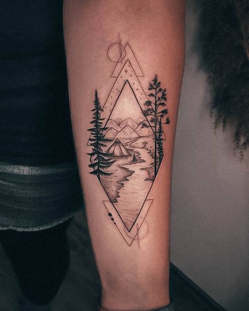 Woman With Fabulous Camping Tattoo Design