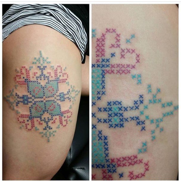 Woman With Fabulous Cross Stitch Tattoo Design
