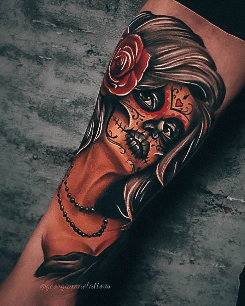 Woman With Fabulous Day Of The Dead Tattoo Design