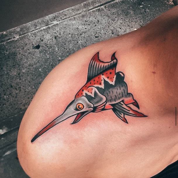 Woman With Fabulous Fishing Tattoo Design