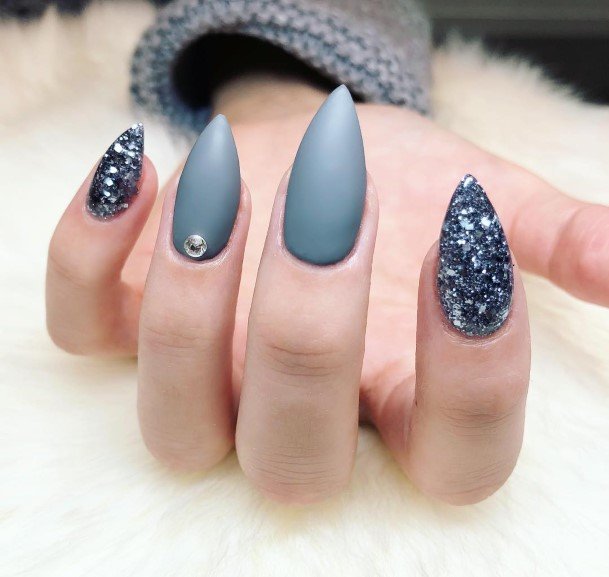 Woman With Fabulous Grey With Glitter Nail Design