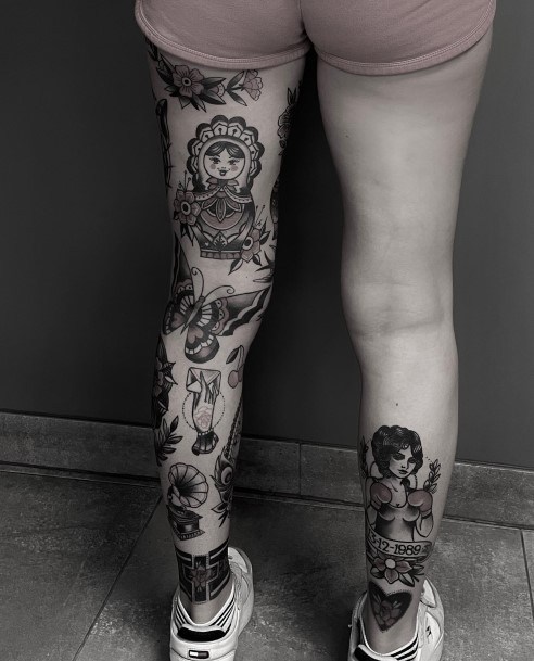 Woman With Fabulous Leg Sleeve Tattoo Design