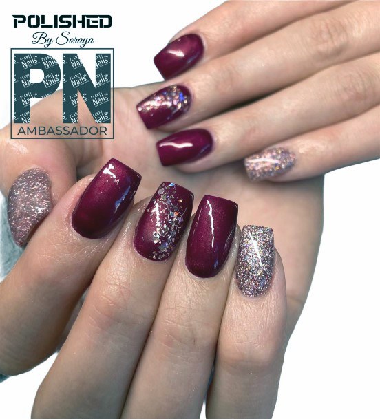 Woman With Fabulous Maroon Glitter Nail Design