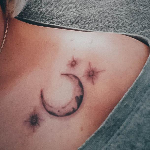 Woman With Fabulous Moon And Stars Tattoo Design