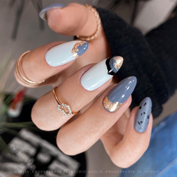 Woman With Fabulous Nail Designs White And Blue Gold