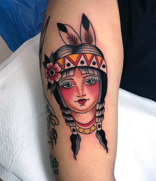 Woman With Fabulous Native American Tattoo Design